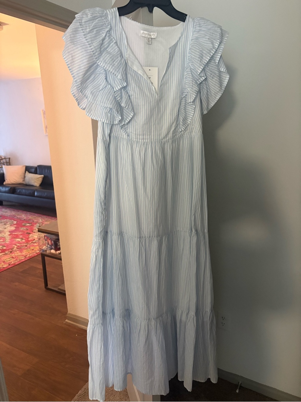 crown & ivy Light Blue Striped Ruffle Tiered Maxi Dress